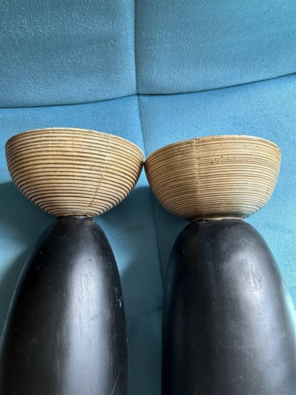 Wood Candleholder Pair Black With Faux Rattan Top Asian Jungle Tropical